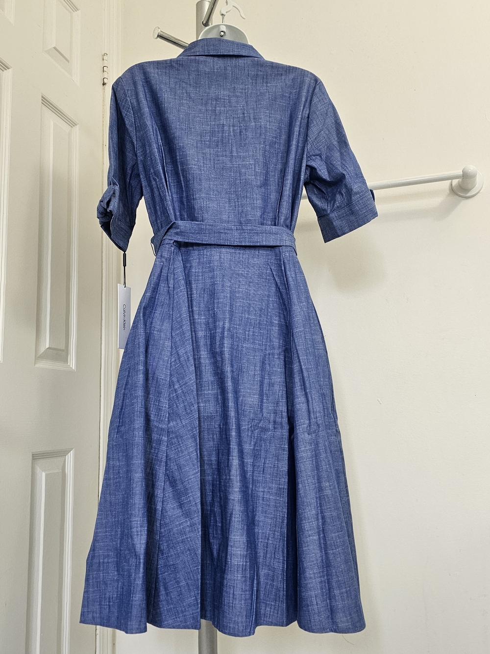 NWT - Summer Calvin Klein Blue Shirt-Waist Tie Midi Dress, Size US 8 - Picture 4 of 11
